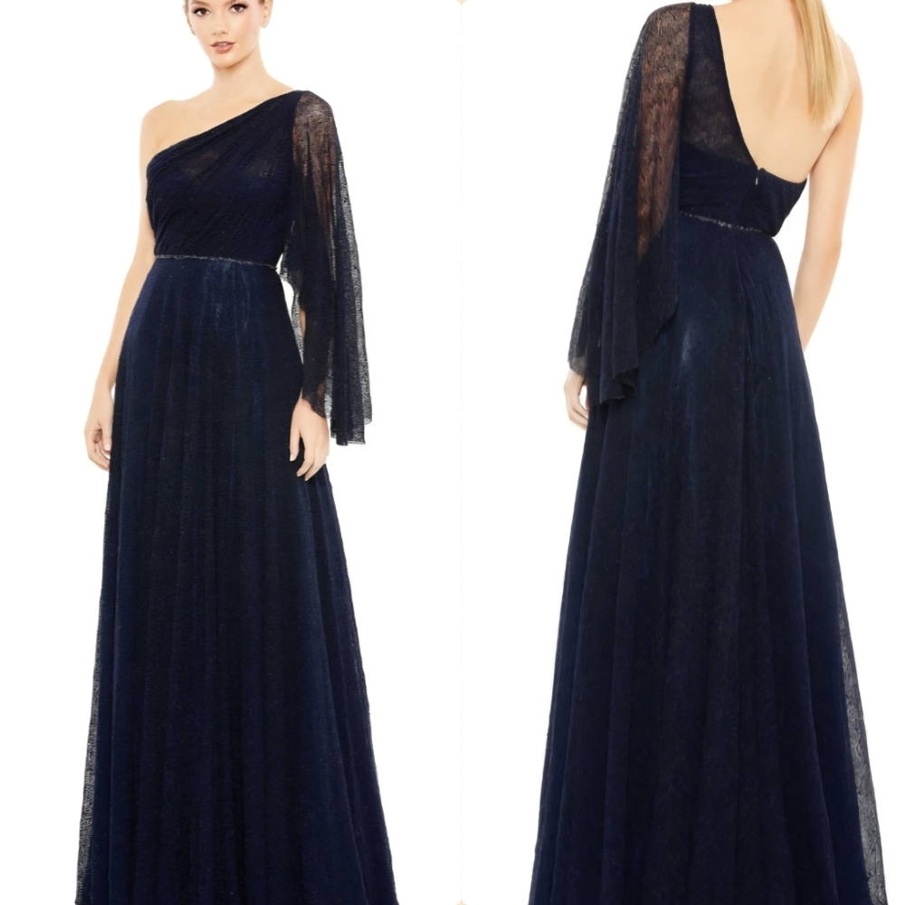 MAC DUGGAL 11244 Size 12 Navy Blue One Shoulder Draped Sleeve Lace Maxi Gown NWT